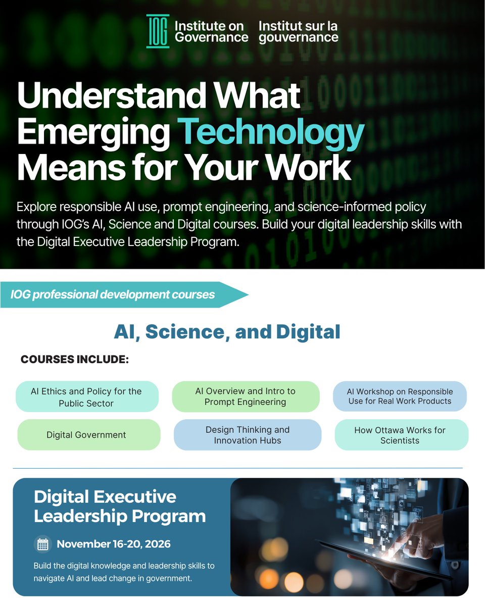 IOGca's tweet photo. Ready to build your digital skills?

IOG’s AI, Science and Digital courses help public servants understand emerging technology and what it means for their work, with learning opportunities covering responsible AI, prompt engineering, digital government, innovation and more. https://t.co/xB9OumqRxS