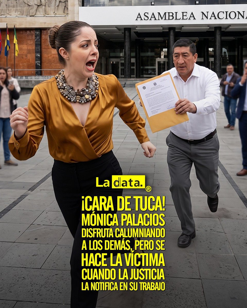 ladataec's tweet photo. #Tendencia ¡Cara de tuca! Mónica Palacios disfruta calumniando a los demás, pero se hace la víctima cuando la justicia la notifica en su trabajo

​¡Qué cinismo el de Mónica Palacios! Le encanta lanzar acusaciones al aire y difamar a los demás sin importarle nada, pero cuando la justicia acude a su propio lugar de trabajo para entregarle una notificación legal derivada de una denuncia por posibles calumnias en contra del presidente Daniel Noboa, monta un show de persecución barato.

​Ante la ley, las citaciones judiciales se hacen llegar directamente al lugar de trabajo de los involucrados, y la Asamblea Nacional no es una zona de inmunidad para evadir responsabilidades ni las consecuencias de sus actos. Mientras ella y su bancada arman un circo en el Pleno para bloquear los procedimientos, queda claro que disfrutan tirando la piedra y escondiendo la mano cuando les toca rendir cuentas por sus infamias y ataques sistemáticos.

​¡Menos lágrimas y más asumir las responsabilidades ante la justicia!

​@ladataec 👈

​#ladataec #tendenciapolitica #monicapalacios #asamblea #danielnoboa