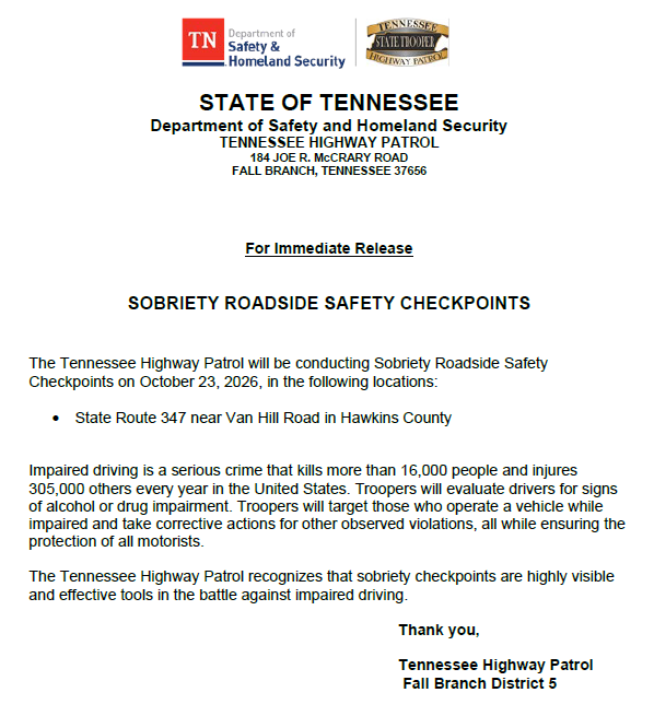 THPFallBranch's tweet photo. 🔶Please see the notification below regarding an upcoming checkpoint(s) in the Fall Branch district.   
#BoozeItAndLoseIt 
#DriveHighGetADUI https://t.co/AsNhZ7Y7OD