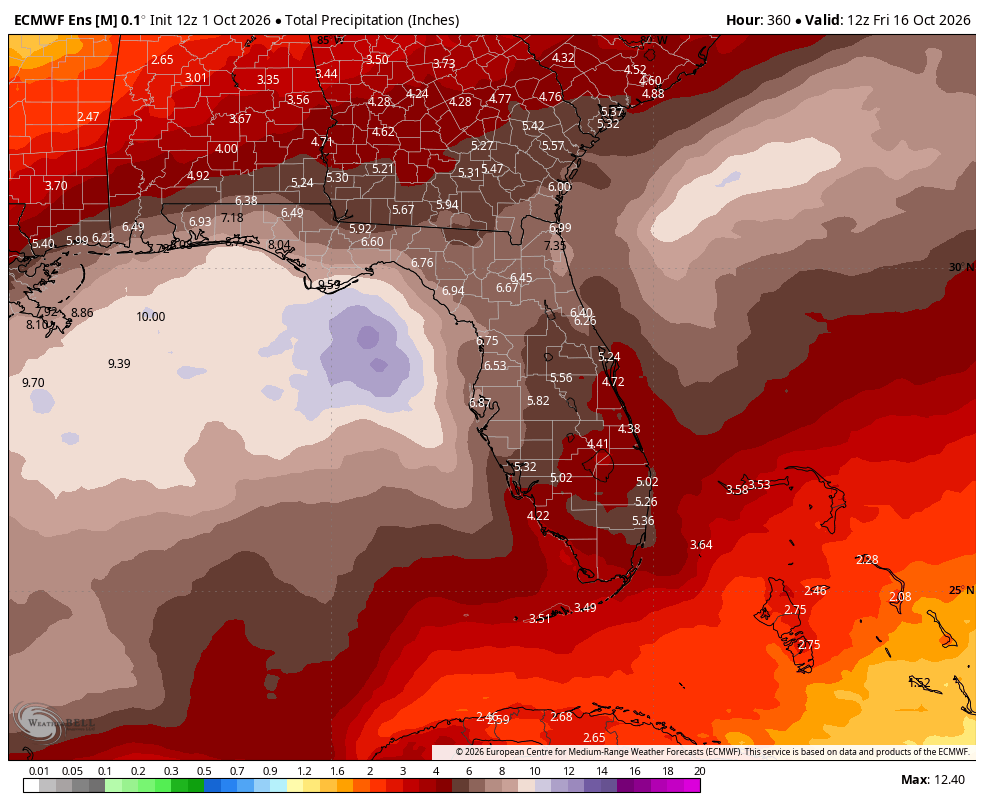 NbergWX's tweet photo. The El Niño pattern that will carry us through March is likely getting started early for Florida.

Euro model ensemble blend through the 1st half of October has tremendous rain totals on the FL Peninsula. More than the entire month's worth of rain in the next 2 weeks.

October monthly avg. rain:
2.7" is in Orlando
2.3" in Tampa
3.07" in Tallahassee

Operational ECMWF model (second image) tries to churn out one of the wettest October's on record in north FL/Panhandle areas through only half the month.

Very wet pattern ahead broadly speaking.