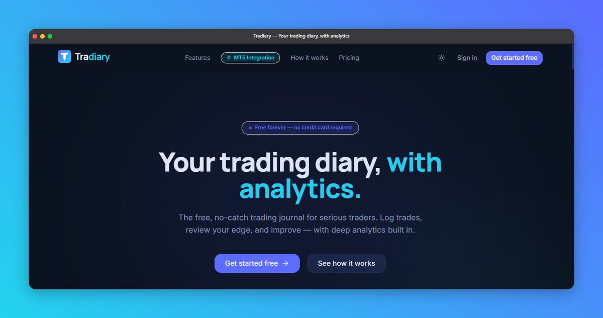 AdeolaSiyanbola's tweet photo. Just shipped Tradiary — a free, professional trading journal with full analytics, playbooks & a live MetaTrader bridge. Built end-to-end on the MERN stack.
Your trading diary, with analytics. 📊
Try it free 👇
https://t.co/Dt3aPq11IK
#MERNStack #Fintech #Trade #Journal https://t.co/2edGuItrhl