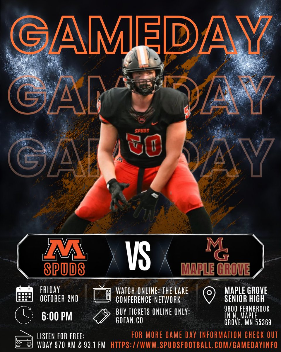 MHDspudFootball's tweet photo. SPUD GAMEDAY!
The Spuds hit the road again this Friday as we take on the Maple Grove Crimson!
π6 PM | Maple Grove High School
π²Game day info + links:
https://t.co/OFbGNaXEeY
FIND A WAY, B.T.B.
GO SPUDS!
#SpudFootball #GoSpuds #Gameday #MoorheadSpuds #SpudNation #BTB #FindAWay https://t.co/vhKGUE4Dda