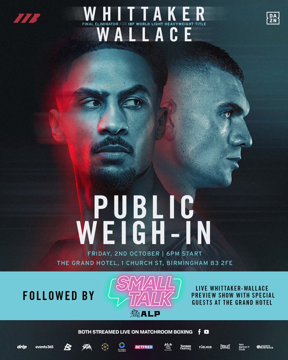 MatchroomBoxing's tweet photo. Everyone welcome to Friday's weigh-in and live Small Talk showing plus Saturday's #FightDay5k ⚖️🗣️🏃

Into the business end of fight week in Birmingham 👊 #WhittakerWallace https://t.co/HvcYTnFNCr
