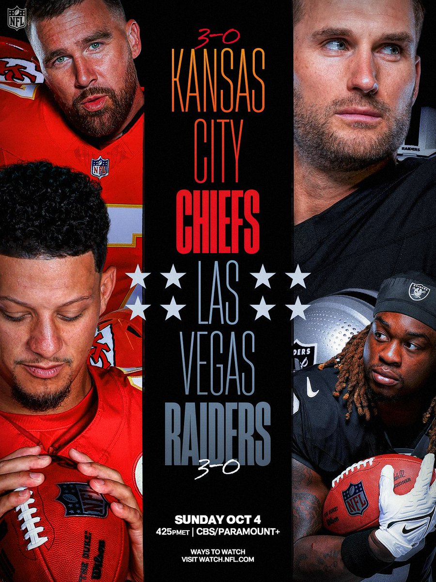 Only one team will stay undefeated after this matchup 👀

@​KCvsLV – Sunday 4:25pm ET on CBS/Paramount+
Stream on @​NFLPlus 
 [📷](https://pbs.twimg.com/media/H