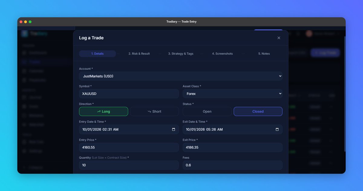 AdeolaSiyanbola's tweet photo. Just shipped Tradiary — a free, professional trading journal with full analytics, playbooks & a live MetaTrader bridge. Built end-to-end on the MERN stack.
Your trading diary, with analytics. 📊
Try it free 👇
https://t.co/Dt3aPq11IK
#MERNStack #Fintech #Trade #Journal https://t.co/2edGuItrhl