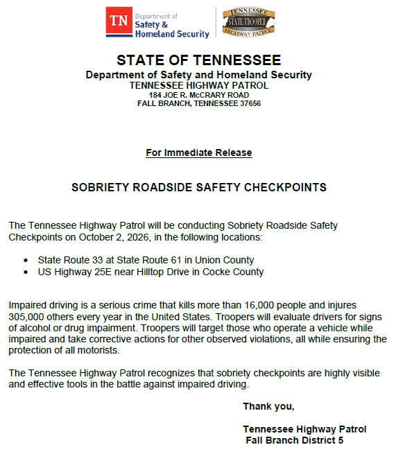 THPFallBranch's tweet photo. 🔶Please see the notification below regarding an upcoming checkpoint(s) in the Fall Branch district.
#BoozeItAndLoseIt
#DriveHighGetADUI https://t.co/U9t9NdCBC3