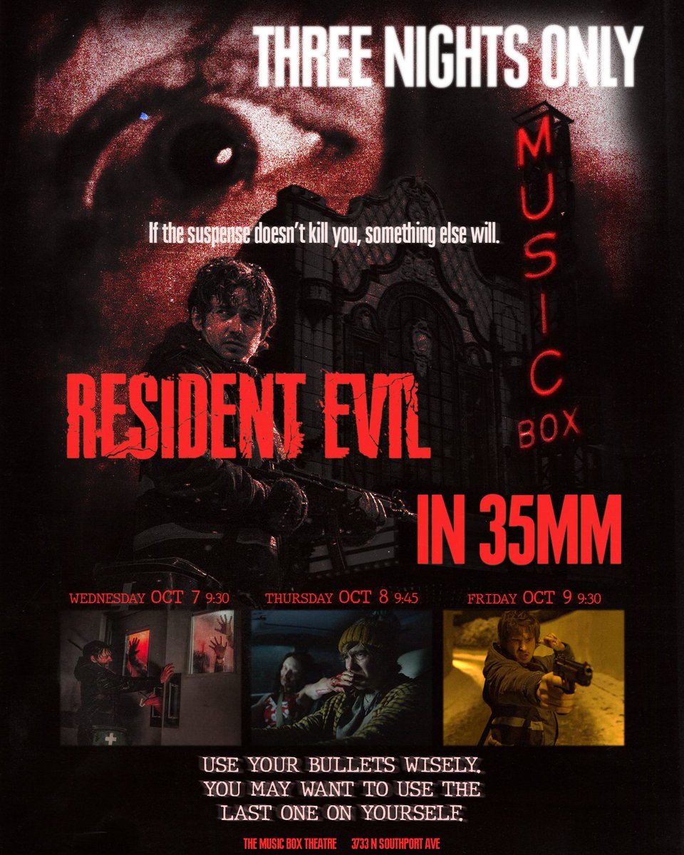 musicboxtheatre's tweet photo. An Exclusive 35mm Film Print of Zach Cregger's RESIDENT EVIL comes to the Music Box!

Three Shows Only - October 7th, 8th &amp; 9th🧟

Get Tickets Now: https://t.co/8onlR2Nr8R https://t.co/hDCPde6eG4