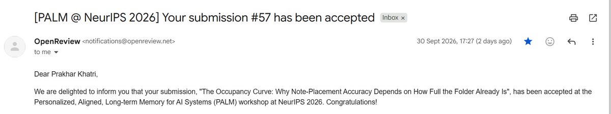 PrakharKhatri3's tweet photo. Got one accepted at PALM @ NeurIPS 2026 :) https://t.co/2LzR3riacO