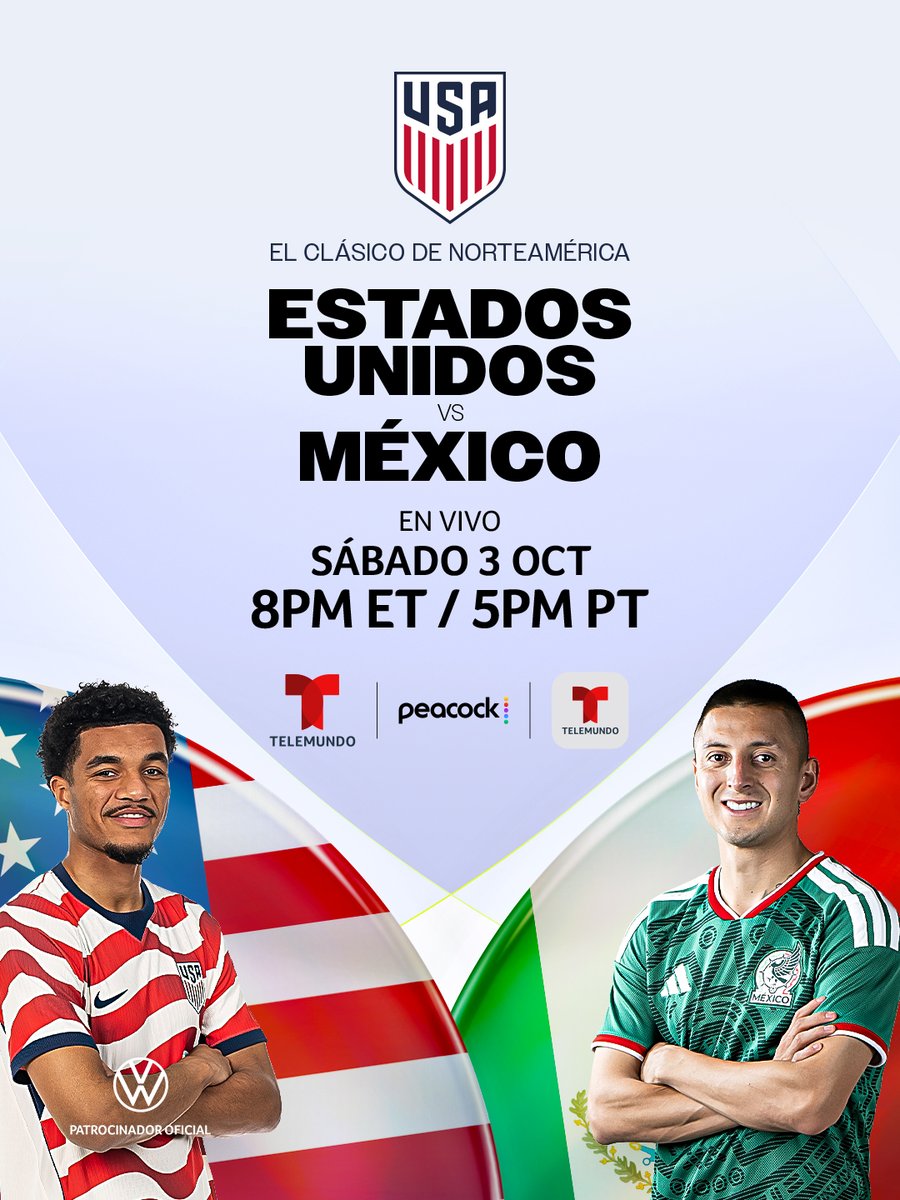 TelemundoSports's tweet photo. 🇺🇸 🆚 🇲🇽 NO ES OTRO PARTIDO, ES EL CLÁSICO DE NORTEAMÉRICA.Historia, orgullo, tensión: es el partido que convierte una nueva etapa en una prueba inmediata.  

🗓️ SÁBADO ⚽️  Estados Unidos 🇺🇸 vs. México 🇲🇽 
🎙️@carlota_v y @Miguel_Gurwitz
🎙️@LuisOmarTapia y @DiegoBalado
🎙️ @Isaeche11 y @diego_arrioja
⏰ 8pm ET / 5pm PT 
📺 @Telemundo y @peacock  
📱 Telemundo APP ➡️  https://t.co/6K3dyxjPph 

#ClásicoDeNorteamérica #USMNTenTelemundo #USMNT #México @USMNT