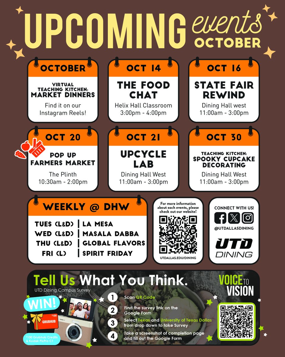 UTDallasDining's tweet photo. 📆 Your upcoming events for October calendar is here &amp; take our campus dining survey for a chance to win a Kodak PixPro C1 digital camera AND $100 in on-campus Grubhub Credits! 💰

📋 Find the link to the survey on our profile or scan the QR code on this post! https://t.co/jDUhuG8nTG