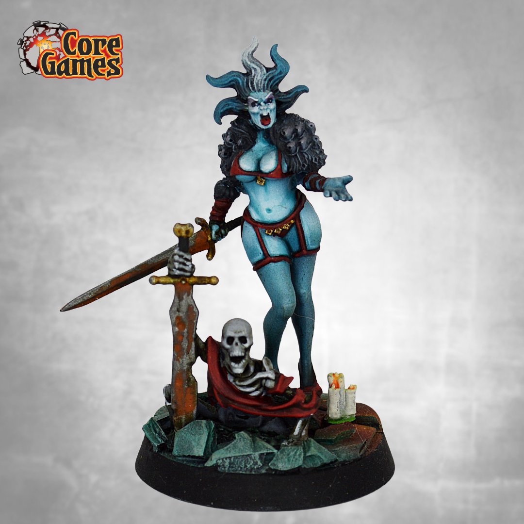 CoreGamesEvents's tweet photo. Mistress of the dark arts! Converted Necromancer ready to command the dead on the tabletop. Features haunting spectral skin, rich red accents, and a candlelit skeleton base! 💀🔮   DM for commission inquiries! 🎨📩#FantasyMiniatures #MiniaturePainting #Necromancer #Undead https://t.co/6ETc3zTdE1