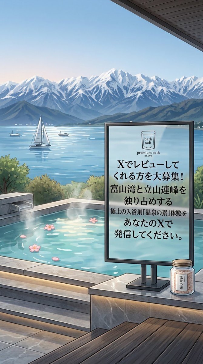 Ruby_precious4U's tweet photo. 実はね…

私の地元、氷見の温泉の成分を成分表通りに配合した入浴剤を作っちゃったの(◍¯∀¯◍)♡

𝕏でレビュー＆PRしてくれる人を募集しまっす🙋✨
以前から気になってると言ってくれてる人には私からDMさせてもらうね♡

応募方法は引用RTで温泉の素のレビューに興味があることを教えてください🩵

🌊応募期日10月20日まで
🌊郵送にて発送(ご住所お名前など教えても大丈夫なかた)
🌊レビュー期日は商品到着から二週間程度

美肌の湯として有名な塩化ナトリウム泉質のお湯で寒い冬でもずっとポカポカで過ごせるよ♨️