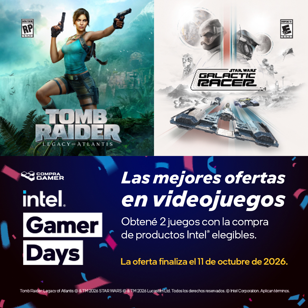 CompraGamerOK's tweet photo. Llegaron los #IntelGamerDays a Compra Gamer y vienen con regalo doble🔥 

Con la compra de tu Intel® Core™ Ultra elegible te llevás 2 JUEGOS DE REGALO:

⭐ STAR WARS: Galactic Racer™
⭐ Tomb Raider: Legacy of Atlantis

Llevá tu PC al siguiente nivel con la máxima potencia, multitarea fluida, Wi-Fi 7,  overclocking simplificado, latencia reducida, el mayor ancho de banda con Thunderbolt™ 5 para el mejor rendimiento para tus títulos AAA favoritos.

🛒 Elegí tu procesador, PC armada, kit o notebook acá: https://t.co/4WjYy1Ai9J