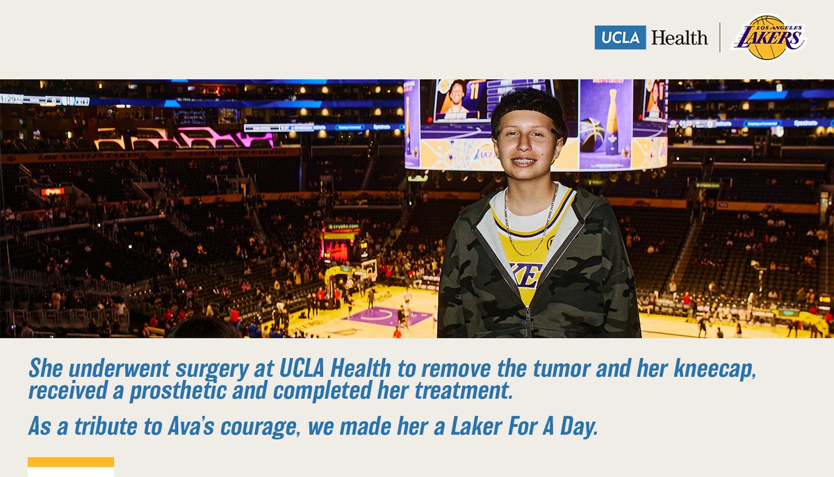 Lakers's tweet photo. Lakers fans, meet Ava 💜💛

In eighth grade, Ava began experiencing pain during basketball practice that ultimately led to a diagnosis of osteosarcoma, a rare form of bone cancer.

After undergoing chemotherapy & surgery at UCLA Health, Ava returned to the court nearly a year later to play the sport she loves. To celebrate her journey, she was invited to the Training Center for a behind-the-scenes experience before joining us at a game as our @UCLAHealth Laker for a Day.