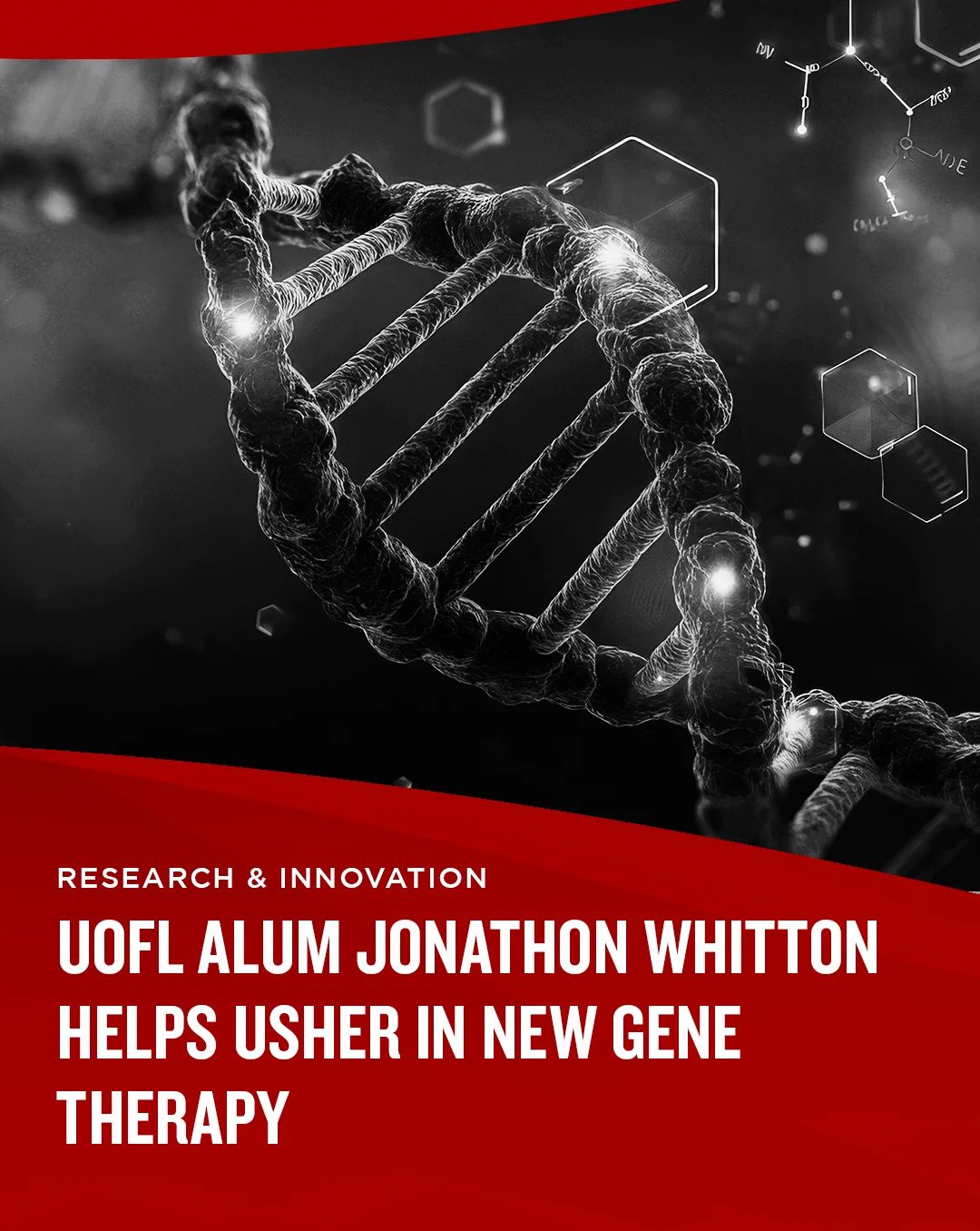 A black and white 3D rendering of DNA in a red graphic frame with white text. 