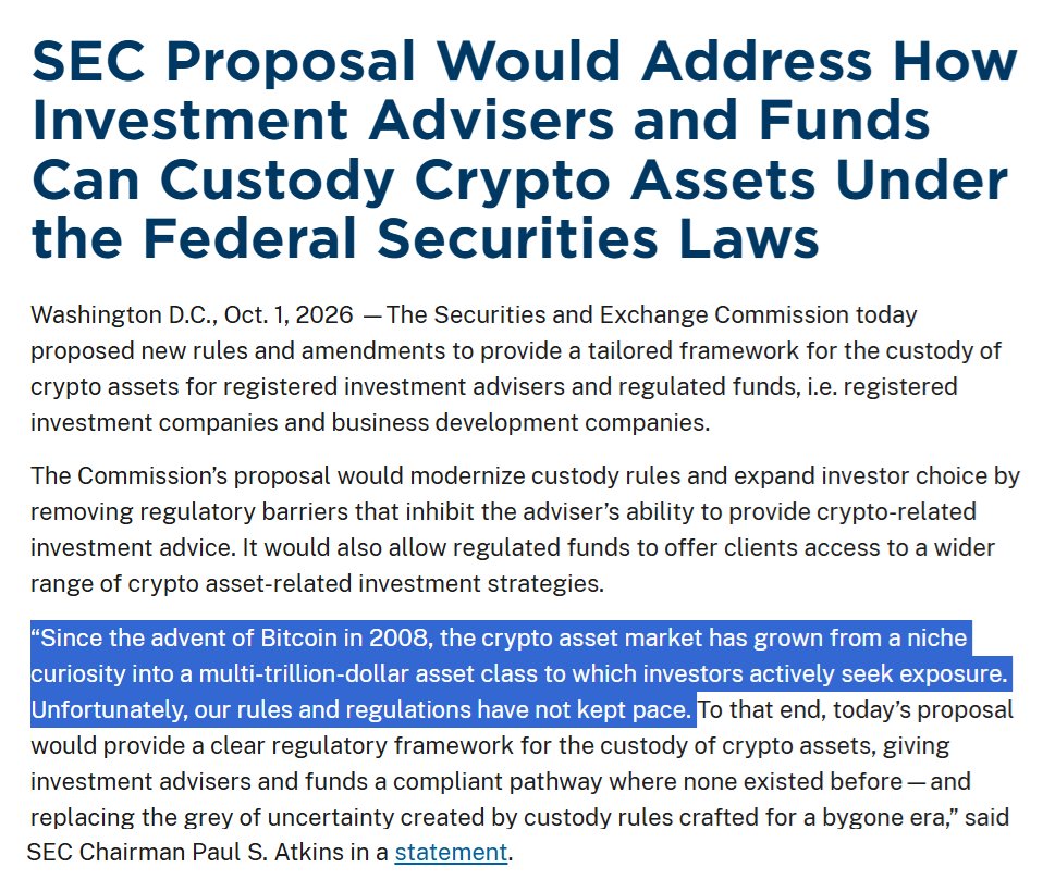BitcoinArchive's tweet photo. JUST IN: SEC Chair Paul Atkins says Bitcoin is now a "multi-trillion-dollar asset class to which investors actively seek exposure." https://t.co/qScYA1AKby