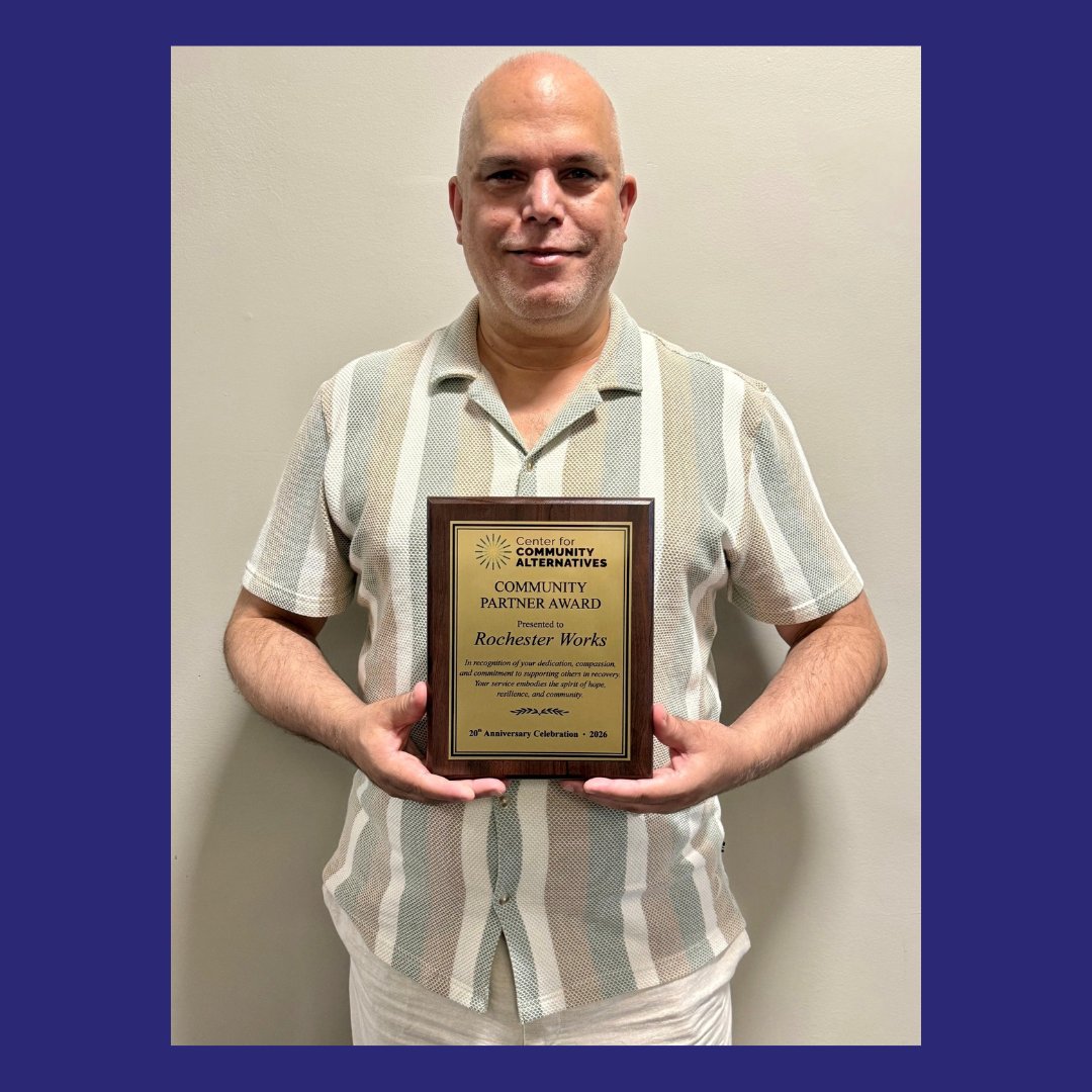RochesterWorks's tweet photo. RW was proud to receive the Community Partner Award from the Center for Community Alternatives (CCA) at their 20th Anniversary Celebration today! RW was recognized for our dedication, compassion, & commitment to supporting others in recovery. Thank you to our friends at CCA! #ERS https://t.co/k8vSkUw1tv