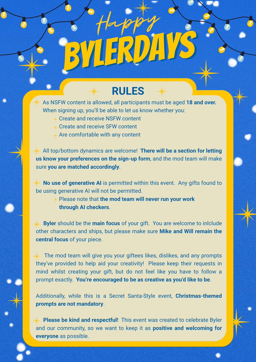 HappyBylerdays's tweet photo. 🎅🏻Ho Ho Ho Bylers!
So excited to announce our Happy Bylerdays Secret Santa! 

This will be a winter/holiday themed gift exchange open to writers &amp; artists!

Details are below for sign-ups as well as schedule, rules &amp; requirements!

https://t.co/jVhz1AYDJt https://t.co/H8nHhRha7y