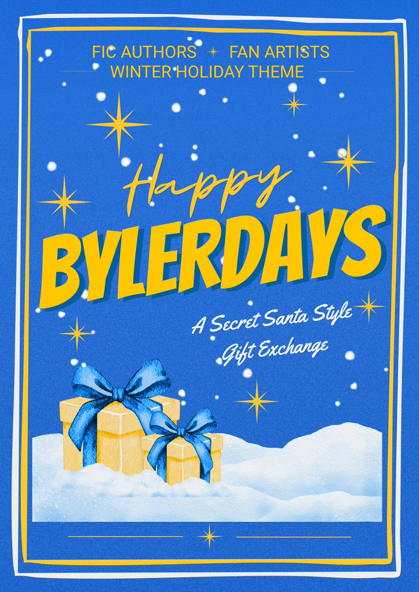 HappyBylerdays's tweet photo. 🎅🏻Ho Ho Ho Bylers!
So excited to announce our Happy Bylerdays Secret Santa! 

This will be a winter/holiday themed gift exchange open to writers &amp; artists!

Details are below for sign-ups as well as schedule, rules &amp; requirements!

https://t.co/jVhz1AYDJt https://t.co/H8nHhRha7y