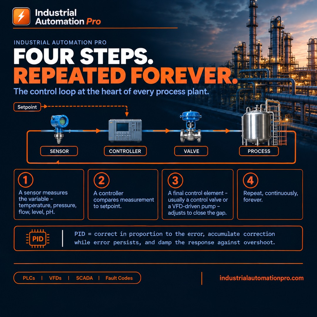 IndAutoPro's tweet photo. ⚙️ A PID loop is simple: measure, compare, adjust, repeat.

Four steps, continuously running to keep process variables on target.

🔗 https://t.co/ByShrXtUoR

#PID #ProcessAutomation #PLC #IndustrialAutomation #SCADA #ControlSystems #IndustrialAutomationPro https://t.co/RXBZCH7XPZ