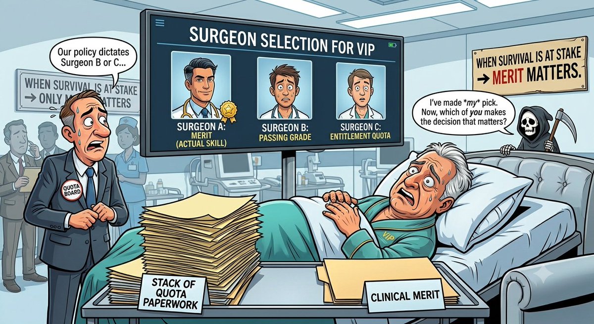 Venkat281088's tweet photo. Reserved-category VIP needs surgery.
Doctors’ marks: 95%, 70%, 50%.
They pick the 95% doctor instantly.
When survival is at stake - only merit matters.
Everything else → caste certificates.
Hypocrisy has a name: Reservation.
#MeritFirst #ReservationPolitics #notoquota https://t.co/iYjzJAE3UM
