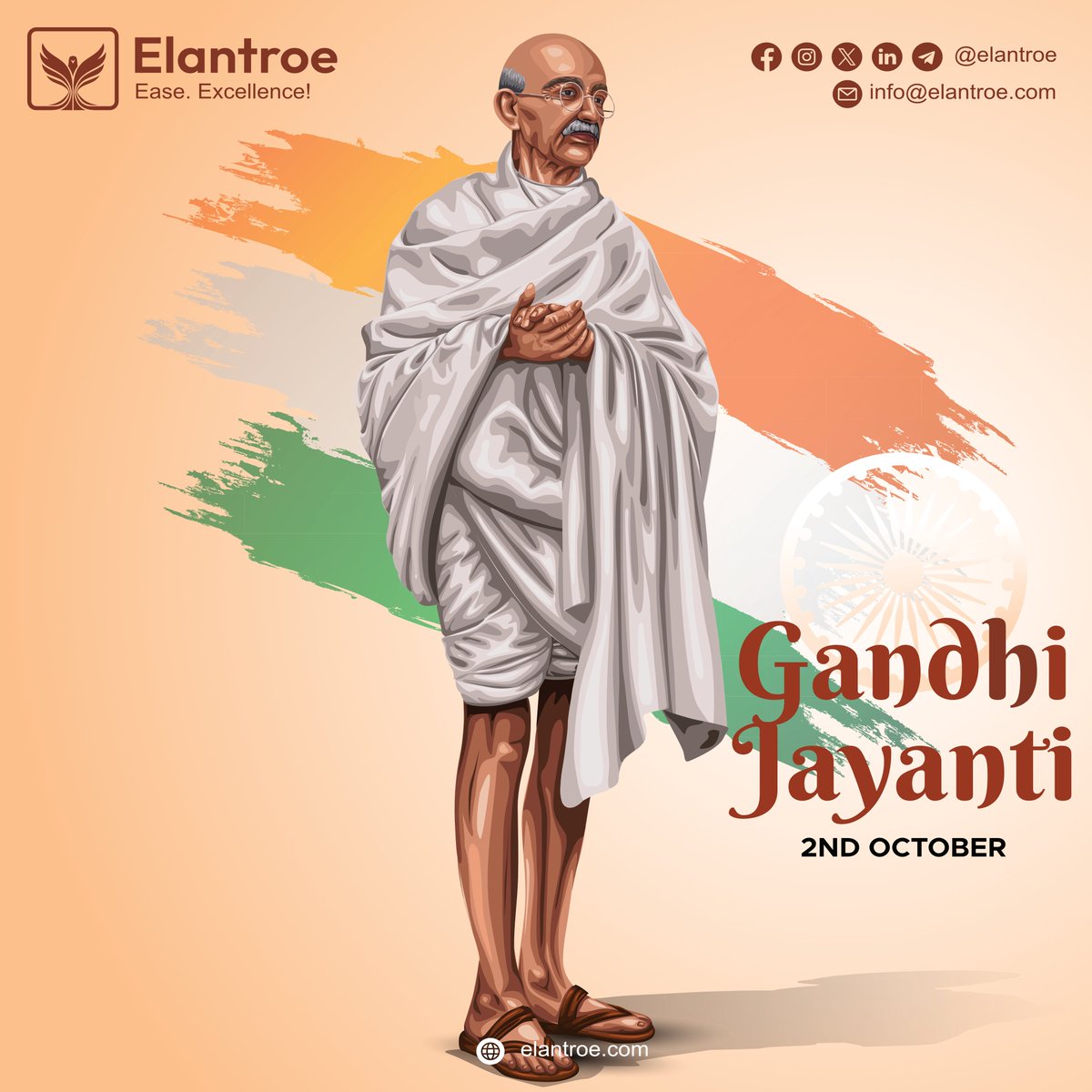 elantroe's tweet photo. From India to every corner of the world, the spirit of truth, peace and unity continues to connect us.

This Gandhi Jayanti, we at Elantroe pays tribute to Mahatma Gandhi.

Change begins with one sincere step.

Happy Gandhi Jayanti. 🕊️

#gandhijayanti
#mahatmagandhi 
#elantroe https://t.co/pVydvddzmL