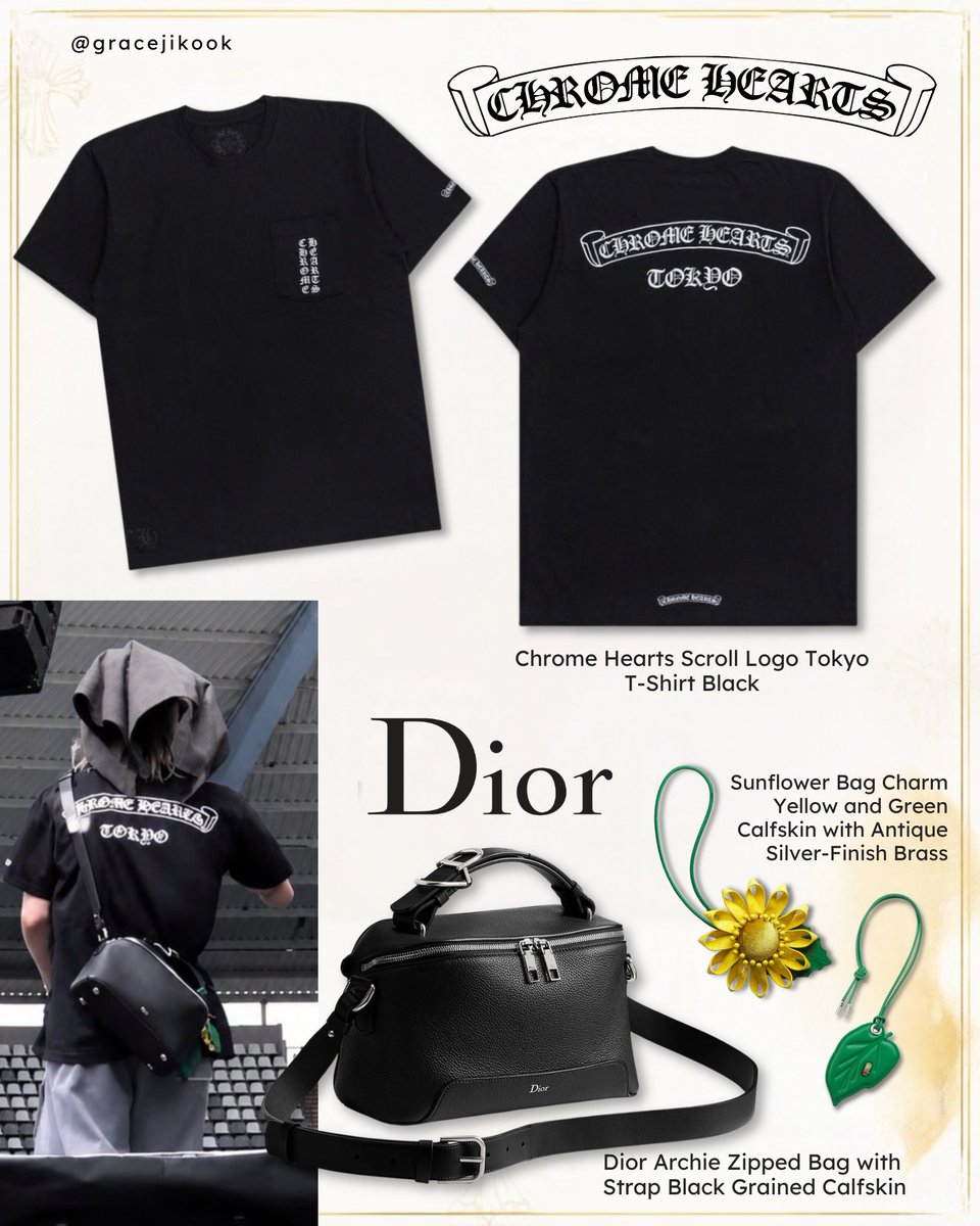 gracejikook's tweet photo. Jimin is wearing the Chrome Hearts Scroll Logo Tokyo T-Shirt in black and Dior accessories: the Archie Zipped Bag in black grained calfskin, accented with the yellow and green Sunflower bag charm. He looks so cute here! 🥺💛 https://t.co/LIAEkJu1PQ