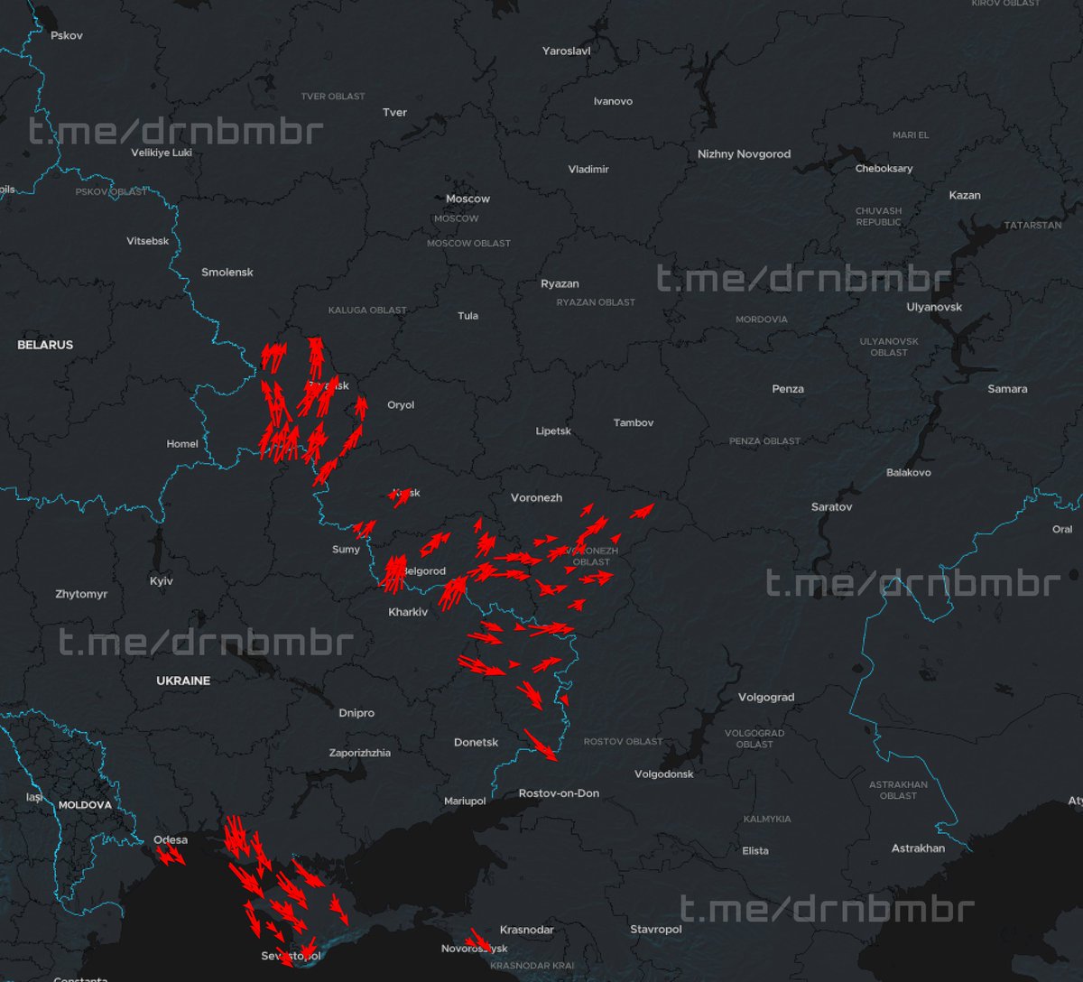 DrnBmbr's tweet photo. 23:20 | 01/10

Approximate flight routes of our UAVs:

🔴 Red arrows — directions of strike UAV movement;

According to Russian sources, around 420 drones were reported, though these estimates and the displayed routes remain highly approximate. https://t.co/SKSbTKSXgs