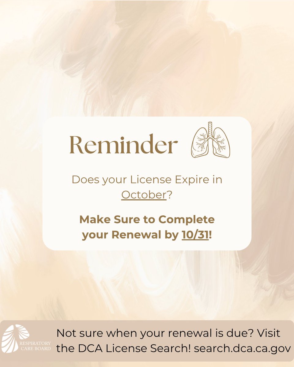 RCBofCA's tweet photo. 💨 License Renewal Reminder

💻 Complete your online renewal through Breeze to avoid delays.
🔍 Check your renewal date using the DCA License Search at https://t.co/zRMjfgmaPX
📄 For more information on renewals, visit RCB Renewal Info: https://t.co/UsDGt5z4hU

 #LicenseRenewal https://t.co/k8WUadtVbS