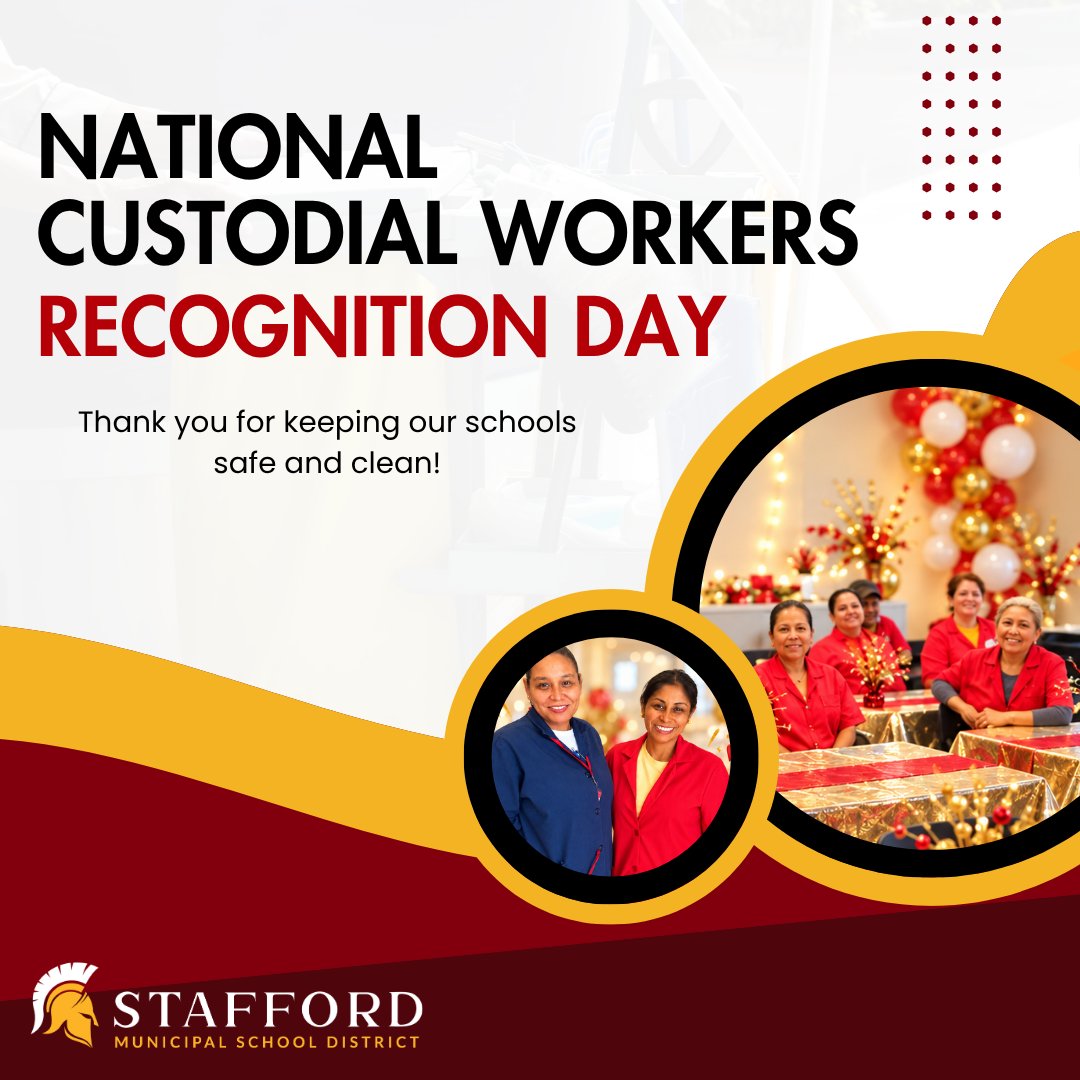 StaffordMSD's tweet photo. ❤️ Happy National Custodial Workers Recognition Day! 💛

Today, Stafford MSD celebrates the dedicated custodial team members who work hard every day to keep our schools clean and safe. 

Thank you for all you do! ⭐

#StaffordMSD #StaffordSpartans #CustodialWorkersRecognitionDay #SpartanPride