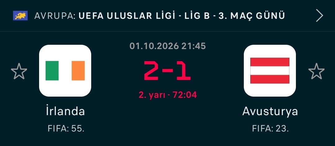 altiustu2oran's tweet photo. ✅ İRLANDA CUMHURİYETİ 2 - 1 AVUSTURYA (2. Yarı - 73')

🎯 Tekli Analiz: Avusturya Toplam Gol 0.5 Üst 
✨ Durum: KAZANDI! ✅ 🚀

📌 Saha İçi Notu: Aviva Stadyumu'nda İrlanda skor üstünlüğünü eline alsa da Avusturya hücumdaki üretkenliğini sürdürerek aradığımız golü kaydetti.

#AnalizOdası #HerGün2Oran #NationsLeague #IrelandAustria #İddaa #BahisTahminleri