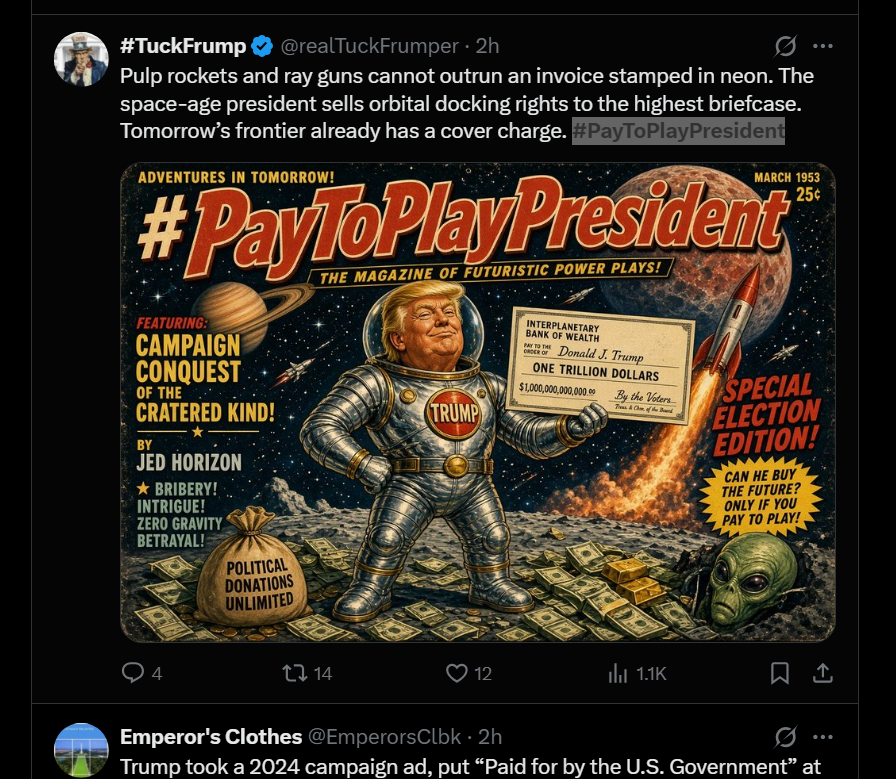 symphony_eleven's tweet photo. Trump is going viral for being the #PayToPlayPresident ???

literally going viral and trending

https://t.co/nLo31NeTTL

https://t.co/lNcchBWkfU
https://t.co/k0wGyY1Rt1 https://t.co/1E6SeHa95A