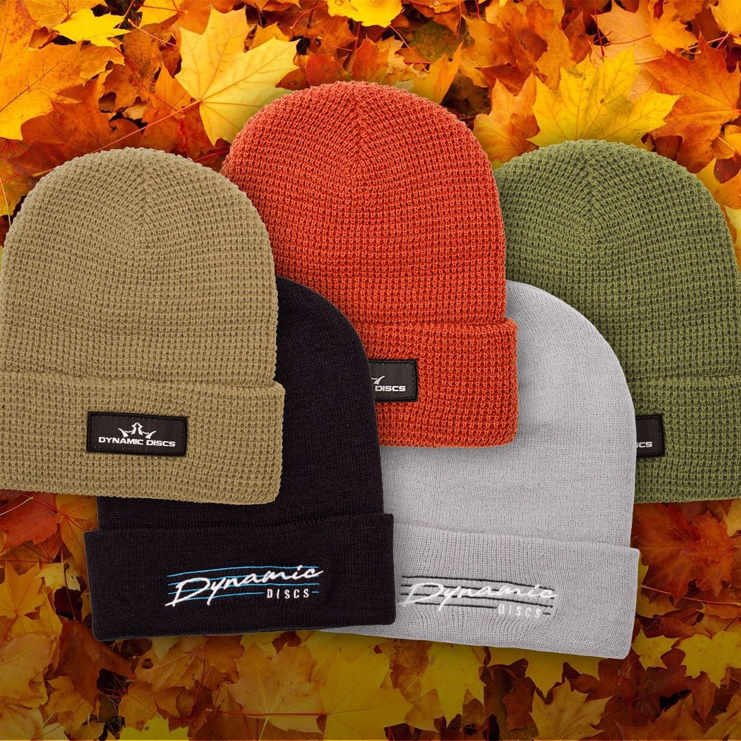 DynamicDiscs's tweet photo. Cold weather is coming, and we’ve got two new ways to keep your head warm while repping Dynamic Discs. Choose between the bold King DD Waffle Knit Beanie, featuring a classic King DD patch, or the clean Script Beanie, finished with embroidered Dynamic Discs Script branding. https://t.co/RfabF7XEg7