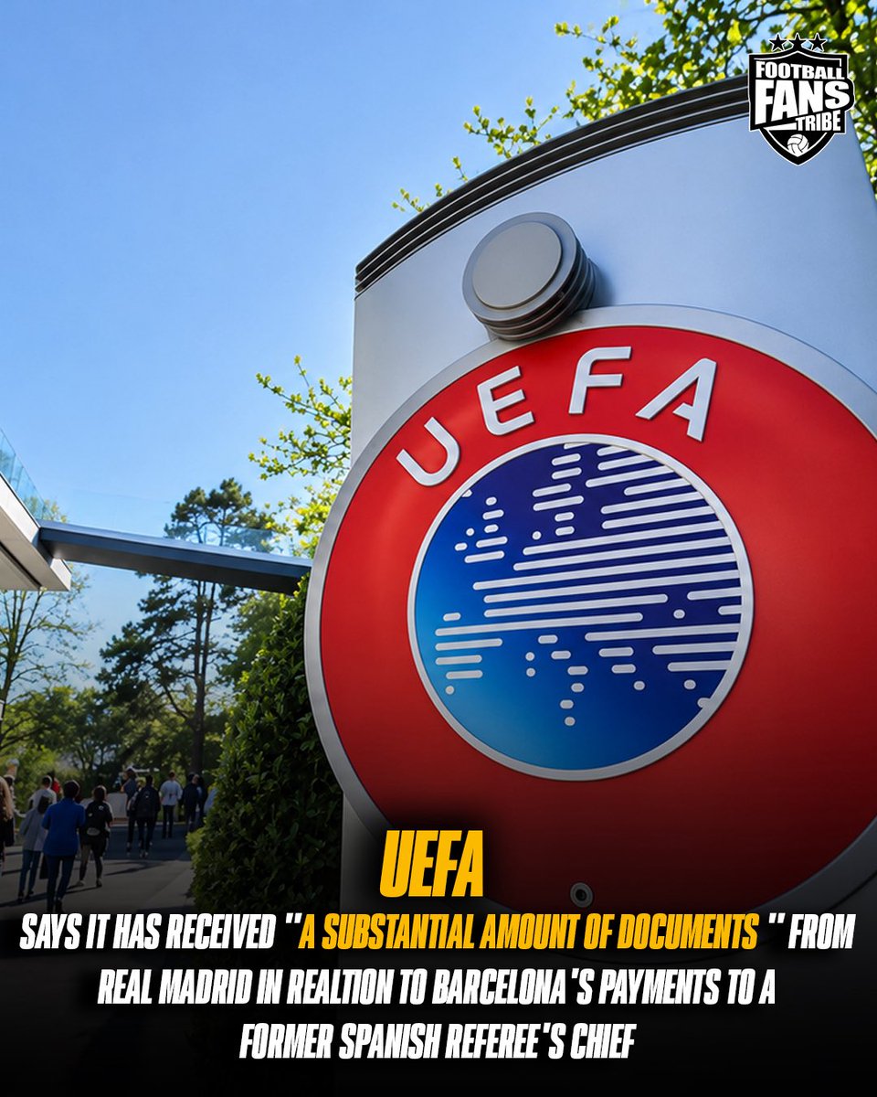 FansTribeHQ's tweet photo. 🚨📂⚽ UEFA confirms it has received a “substantial amount of documents” from Real Madrid regarding Barcelona’s payments to former referee VP José María Enríquez Negreira🤯👀
Will UEFA’s Ethics Committee open a formal investigation? 😬
#NegreiraCase #UEFA #FCBarcelona #Barça #RealMadrid