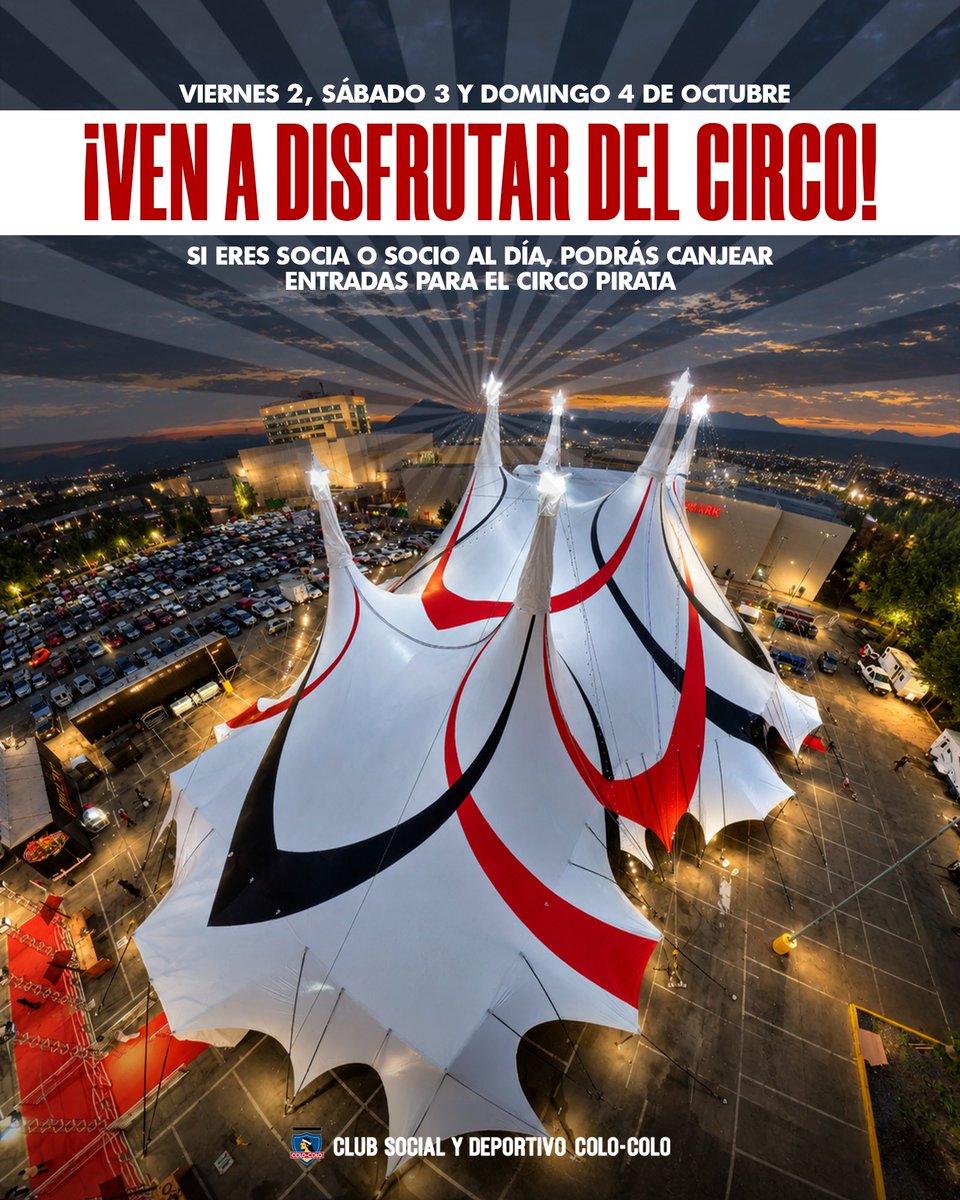 CSDColoColo's tweet photo. ¡Socias y socios, tenemos una invitación para ustedes! 🤟🏽👀🎪

Cada socia/o podrá asistir junto a 3 acompañantes al "Circo Piratas. En Busca del Tesoro Perdido", ubicado en el estacionamiento del Mall Plaza Norte, comuna de Huechuraba.

Solo debes inscribirte en el siguiente formulario y completar tus datos. 

https://t.co/v6hSHLJC3u

Luego, debes esperar el correo de confirmación que te llegará con la información para asistir.

Las funciones disponibles son para los días:
• Viernes: 20:00 horas
• Sábado: 15:00 horas
• Domingo: 15:00 horas

Debes esperar el correo de confirmación para poder asistir a la función que escogiste 📩

¡Asiste junto a tu familia y aprovecha todos los beneficios de ser socia y socio de nuestro club! 🤟🏽