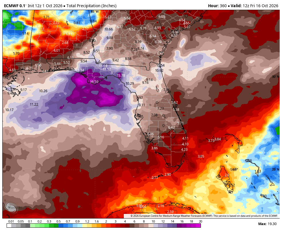 NbergWX's tweet photo. The El Niño pattern that will carry us through March is likely getting started early for Florida.

Euro model ensemble blend through the 1st half of October has tremendous rain totals on the FL Peninsula. More than the entire month's worth of rain in the next 2 weeks.

October monthly avg. rain:
2.7" is in Orlando
2.3" in Tampa
3.07" in Tallahassee

Operational ECMWF model (second image) tries to churn out one of the wettest October's on record in north FL/Panhandle areas through only half the month.

Very wet pattern ahead broadly speaking.