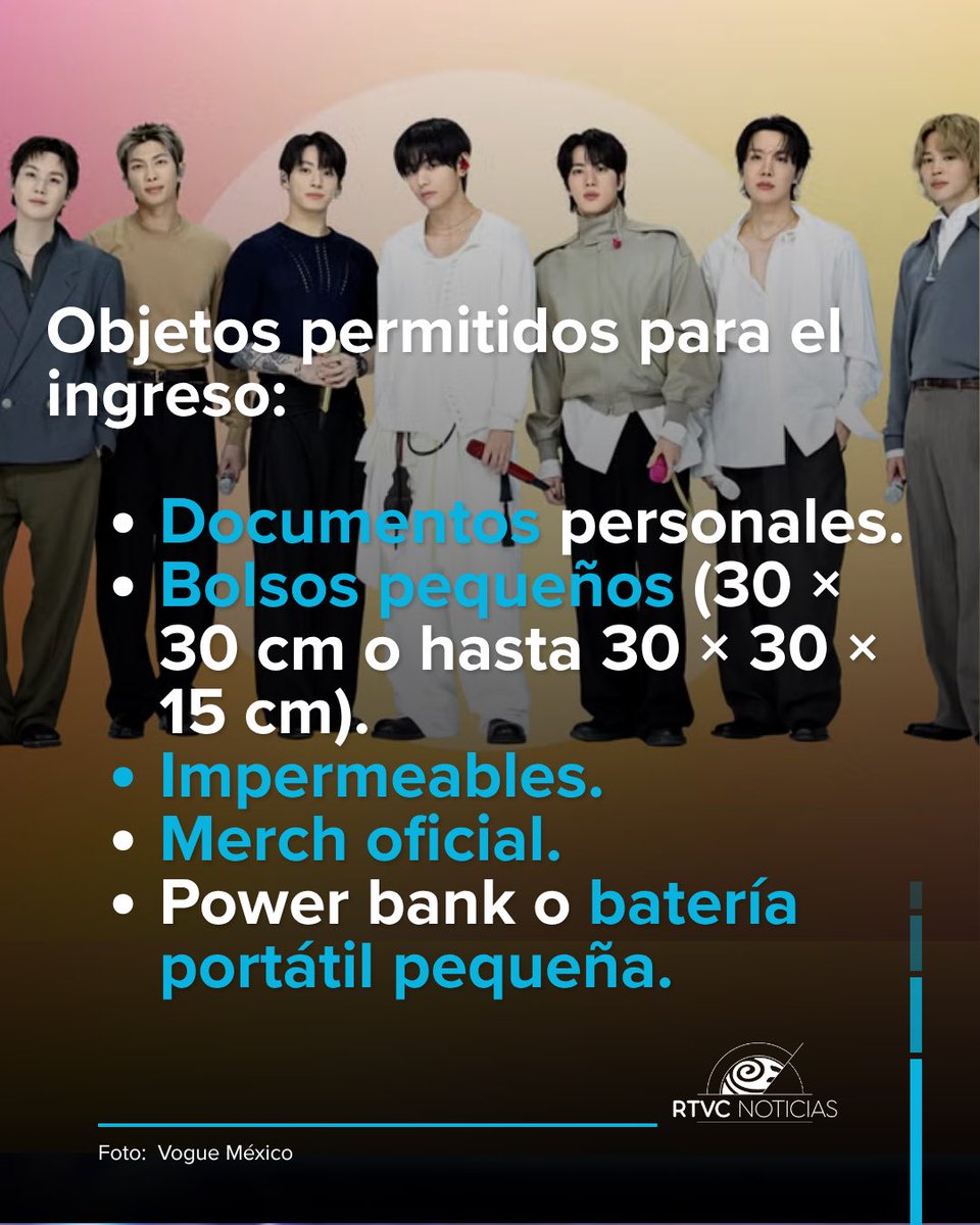 RTVCnoticias's tweet photo. 💜 ¿Vas al concierto de BTS en Bogotá? Esta guía te interesa.

La capital se prepara para recibir a los seguidores de la agrupación surcoreana. Antes de salir de casa, ten en cuenta los horarios, las recomendaciones de ingreso y las medidas establecidas para el evento.

🕐 Revisa a qué hora abren las puertas.
🚇 Planea tu transporte y llega con anticipación.
🎒 Consulta qué elementos están permitidos.