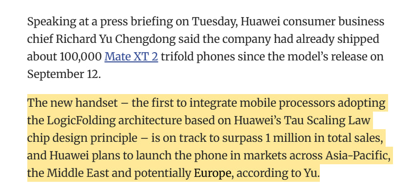 LivingInHarmony's tweet photo. LogicFolding arch based on Huawei’s Tau Scaling Law chip design principle – on track to surpass 1 million in total sales, and #Huawei plans to launch the phone in markets across Asia-Pacific, the Middle East and potentially Europe, according to Yu. - SCMP https://t.co/Ko0HG5Dq9u https://t.co/GoeDQqcetQ