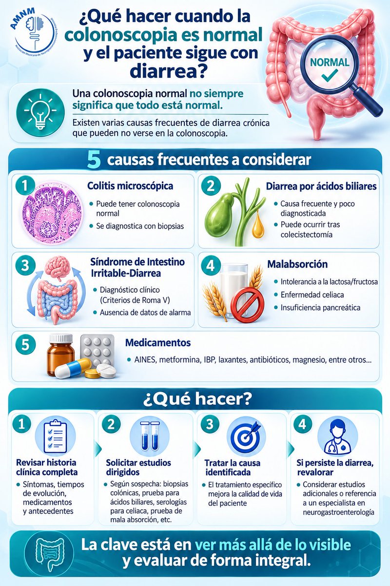 motilidad's tweet photo. 🔎 Colonoscopia normal y diarrea persistente: la evaluación continúa.

Algunas causas de diarrea crónica pueden no ser visibles durante la colonoscopia. Revisar la historia clínica, considerar otras posibilidades diagnósticas y solicitar estudios dirigidos permite orientar el abordaje y tratar la causa identificada.

📌 En esta infografía te compartimos 5 causas frecuentes a considerar y los pasos para una evaluación integral.

#AMNM #Neurogastroenterología #DiarreaCrónica #Colonoscopia #EducaciónMédica