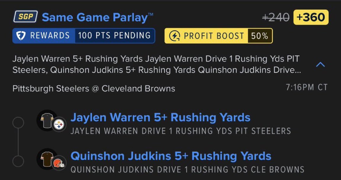 mobparlayp's tweet photo. EARLY & OFTEN 

Steelers/Browns OPENING DRIVE SGP 

🏃‍♂️ Jaylen Warren 5+ Rush Yards
🏃‍♂️ Quinshon Judkins 5+ Rush Yards

📈 +360 with a 50% PROFIT BOOST

JOIN THE FREE DISCORD 🔗👇
https://t.co/MRYHSXRJAU

#NFL #NFLProps #SGP #NFLBetting #GamblingTwitter #GamblingX #PrizePicks #FanDuel #DraftKings