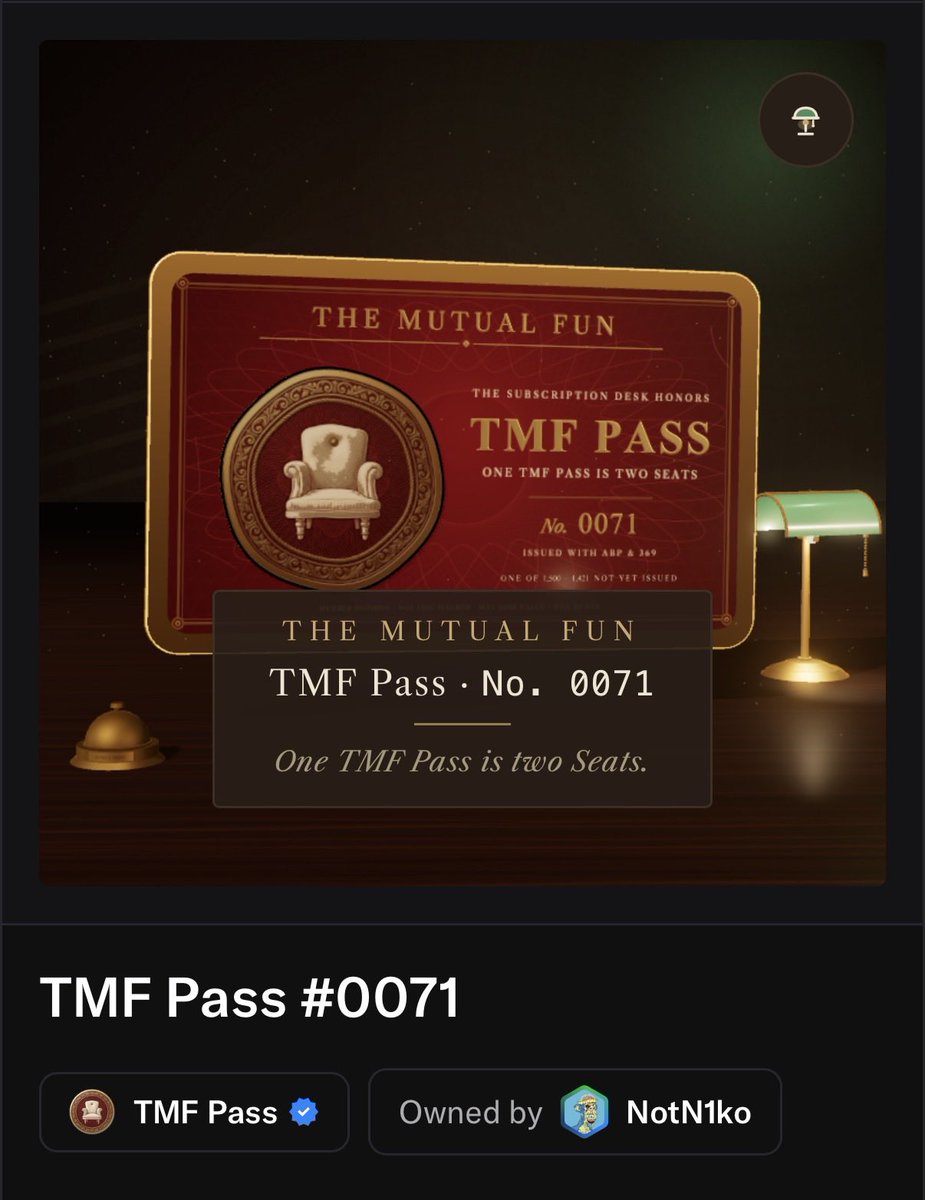 Nikoape's tweet photo. Just got my TMF pass!

Can’t wait to see what @Kingpickle has been cooking up. 🪑

Looking forward to grabbing another one this weekend when the Deng exchange opens!

@themutualfun https://t.co/mT1s8HcZsu