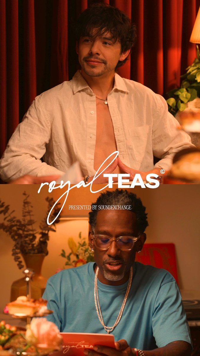 A promotional graphic for "Royal Teas" presented by SoundExchange, featuring two images: on top, a young man with curly hair in an unbuttoned beige shirt sitting in front of red curtains, and on the bottom, a man with glasses, a blue t-shirt, and pearl necklaces reading a Royal Teas card, illustrating the interview between pop culture icon David Archuleta and Shawn Stockman mentioned in the caption.