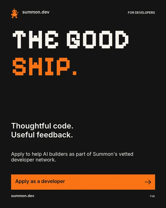 THE GOOD SHIP. Apply to help AI builders as part of Summon's vetted developer network. Apply as a developer. Official supplied orange Summon mascot and Pixelify Sans typography.