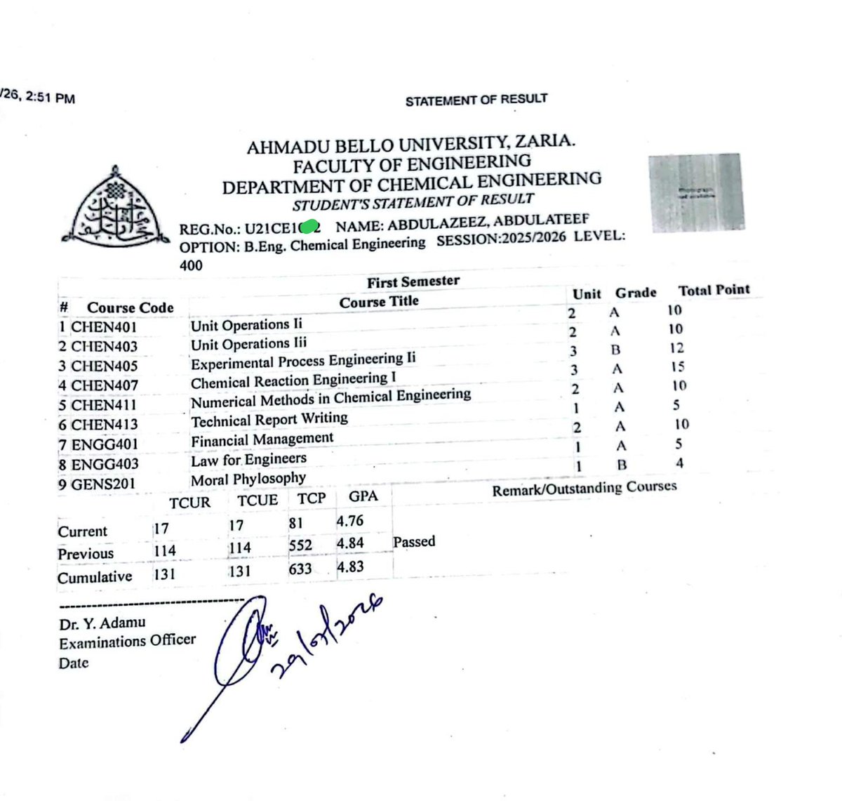 __shola__'s tweet photo. @akintollgate Good evening, Mr. Akin!

I am Abdulateef Abdulazeez, a 400-level student of chemical engineering at Ahmadu Bello University, Zaria.

I currently maintain a CGPA of 4.83/5.00.

I hopefully look forward to being one of the "66 recipients"! 🙏 https://t.co/5MIrJ7HDNF