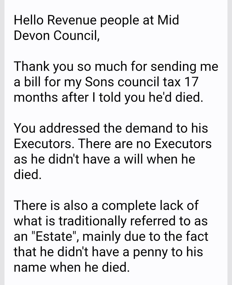 higgyboson's tweet photo. I've just received a council tax bill for the house my Son lived in at the time of his death.

I told the council that he'd died in May of last year. They've sent a bill to me 17 months later.

I've suggested they give him a visit. https://t.co/AB2eq1L5D8
