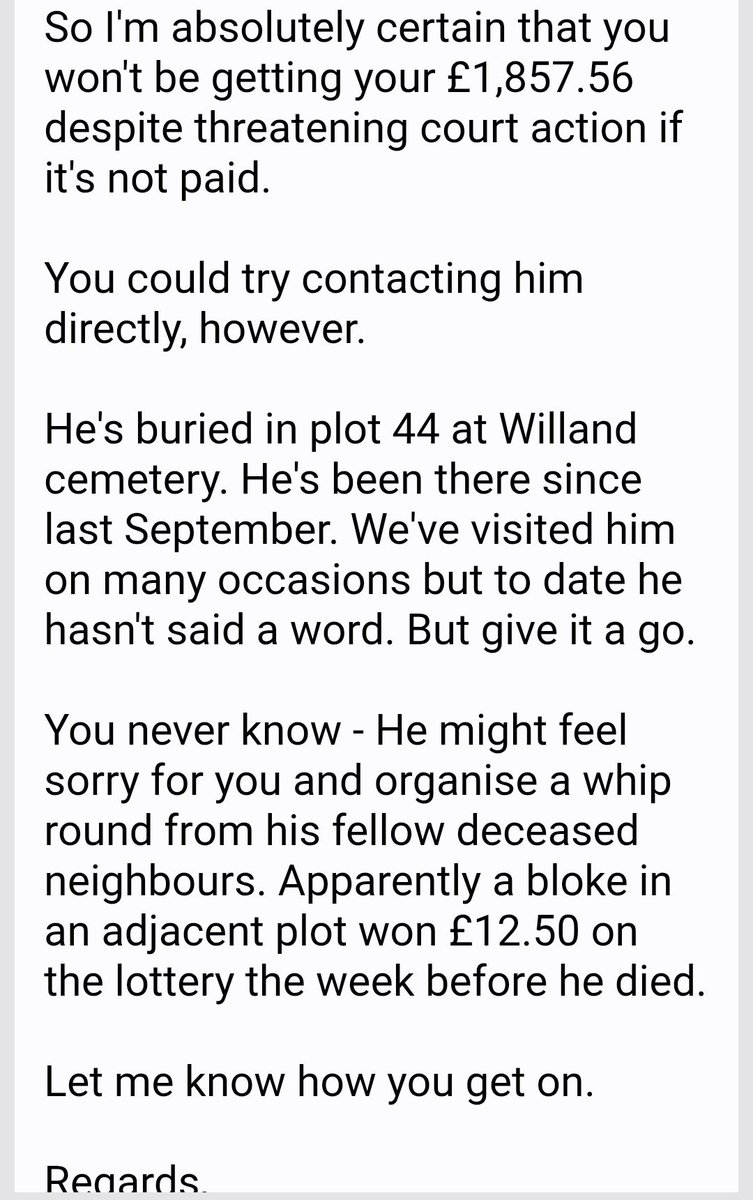 higgyboson's tweet photo. I've just received a council tax bill for the house my Son lived in at the time of his death.

I told the council that he'd died in May of last year. They've sent a bill to me 17 months later.

I've suggested they give him a visit. https://t.co/AB2eq1L5D8