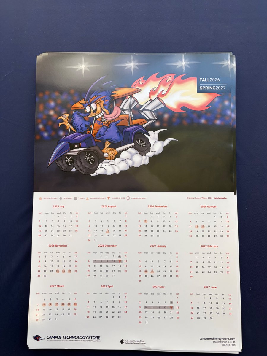 UTSATechStore's tweet photo. It has Arrived!!! 
Stop by the #CampusTechnologyStore and pick up your FREE copy of our 2026-2027 academic calendar, featuring this semester’s rowdy drawing contest winning drawing!!! download the calendar from https://t.co/awctuDYg7I
#utsanantonio #roadrunners #birdsup https://t.co/SIvB5zDdax
