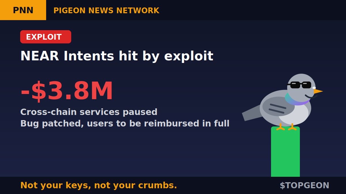 TopPigeonSOL's tweet photo. Another day, another exploit. 🚨

@NEARProtocol's NEAR Intents was hit by a $3.8M exploit and paused cross-chain services.

The good news: the bug is patched and affected funds will be reimbursed in full. ✅

The pigeon's rule: not your keys, not your crumbs. 🐦🔑

Do you trust cross-chain bridges? 👇

$TOPGEON #TOPGEON #CryptoSecurity

💙Like
🔁RT