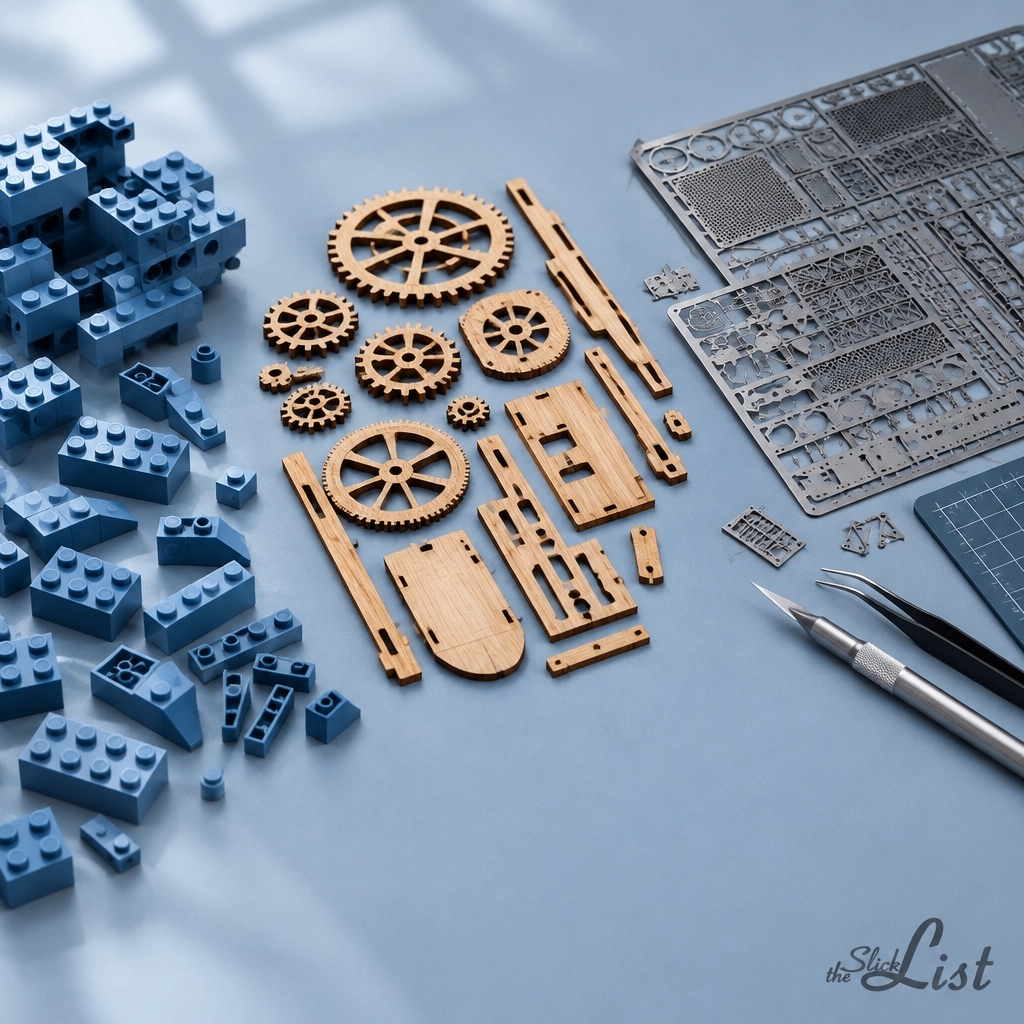 theSlickList's tweet photo. Plastic bricks, laser-cut wood, or etched steel? 🧩 Easier fit, higher owner ratings. LEGO Tranquil Garden: 4.9★ from 2,060 ratings; 1,363 pieces. Full guide at theSlickList. AI-assisted visual. #AdultModelKits #theSlickList https://t.co/Z7kk53UCdS