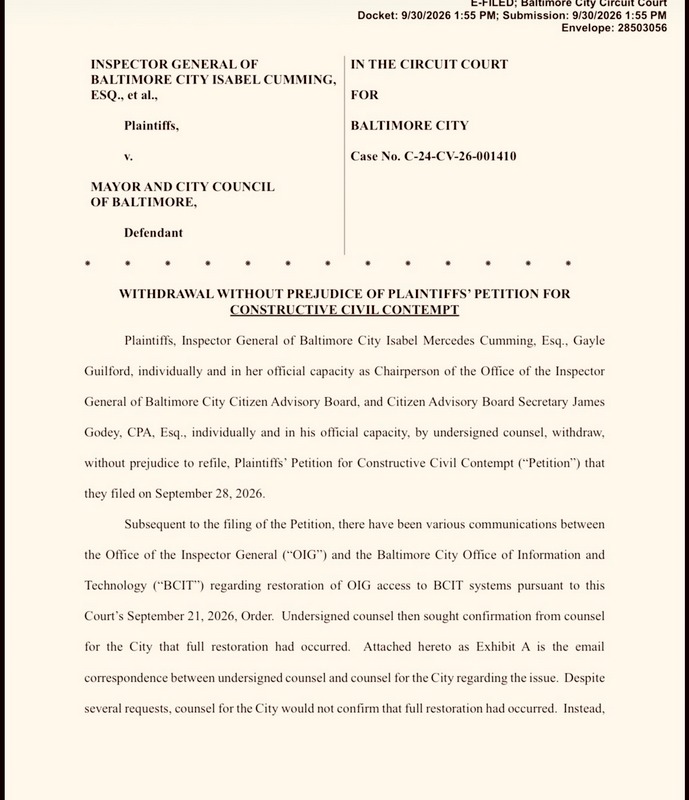 BaltimoreBrew's tweet photo. UPDATE  - The @OIG_Baltimore has regained server access and withdrawn its motion for contempt, @isabel_cumming confirms. https://t.co/YHukm2JRKI https://t.co/QfNScu040R